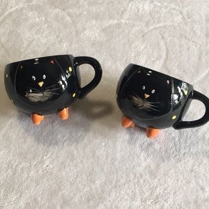 Set of two small black & orange mugs with cats and ghosts